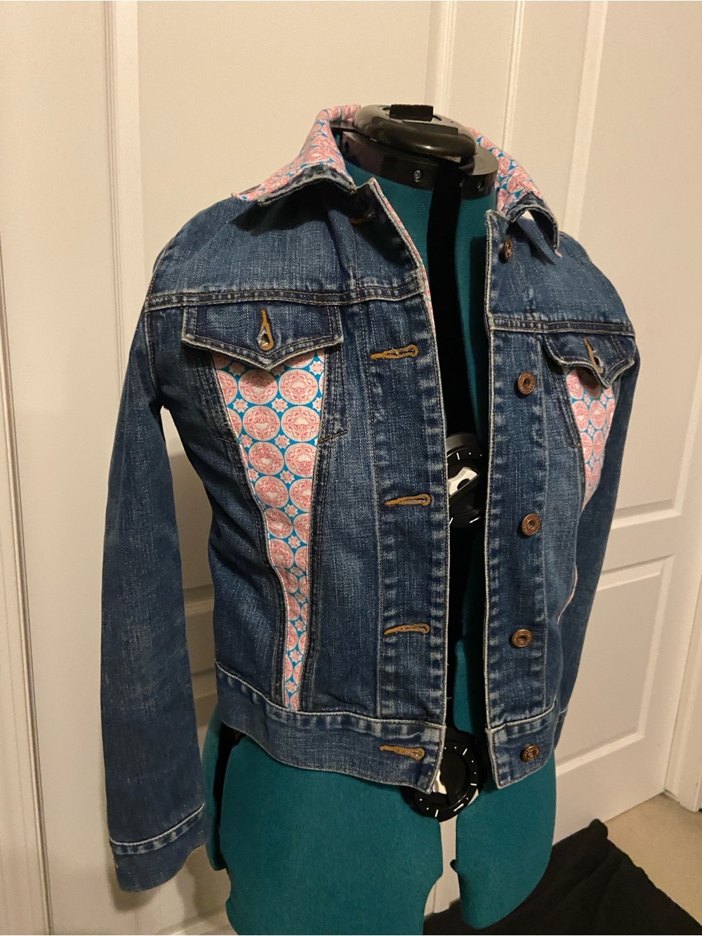 Women's Denim Jacket with Pink Patterned Inset